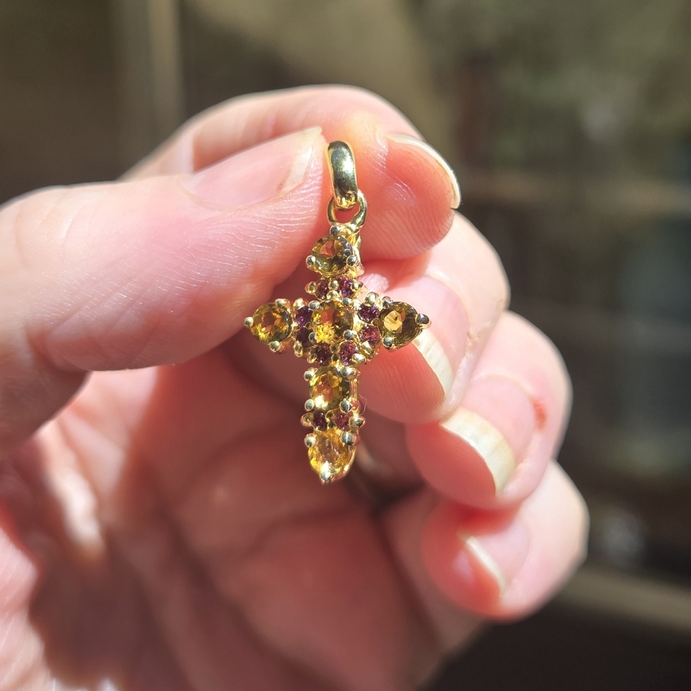 Tourmaline & Rhodolite Natural Sterling & Gold Cross Pendant Necklace 1" - Picture 6 of 10